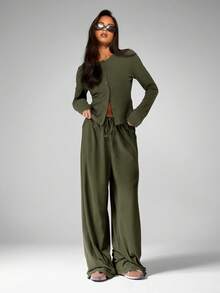 MISSGUIDED 女士橄榄绿两件套搭配长袖开衫阔腿裤家居服套装 - 軍綠色 - 查看 3