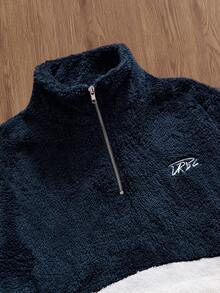 SWAVVY 男士抓绒字母刺绣四分之一拉链套头衫，秋冬款 - 藍色 - 查看 3