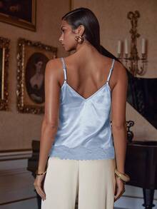 Athîral Women's Elegant Satin Contrast Lace Blue Camisole,Tank Top - Baby Blue - View 5