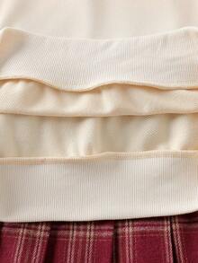 SHEIN 2pcs/Set Fashionable Casual School Style Girls' Apricot Knit Pullover With Bow Print And Red Plaid Pleated Mini Skirt Outfit, Suitable For Outdoor, Travel, Street Style, Daily Casual, Home, Trip, School Season, Daily Matching - Multicolor - View 7