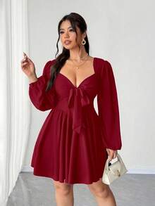 Elenzga 大码女士优雅性感红色系带连衣裙 - 紅色 - 查看 6