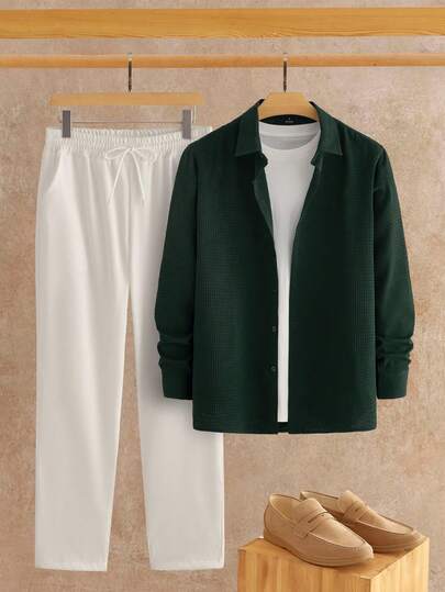 HIMLAND Conjunto informal de camisa de manga larga de un solo abotonado de unicolor y pantalones con cordón en la cintura para hombre