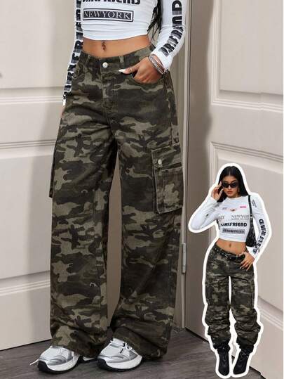 SHEIN Tall Tall Cargo Pocket Camo Print Washed Loose Wide Leg Jeans
