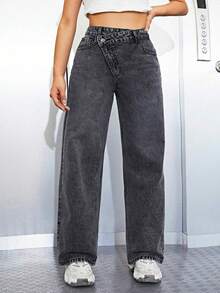 SHEIN ICON 大码女式时尚休闲不对称腰部水洗长裤 - 深灰色 - 查看 1