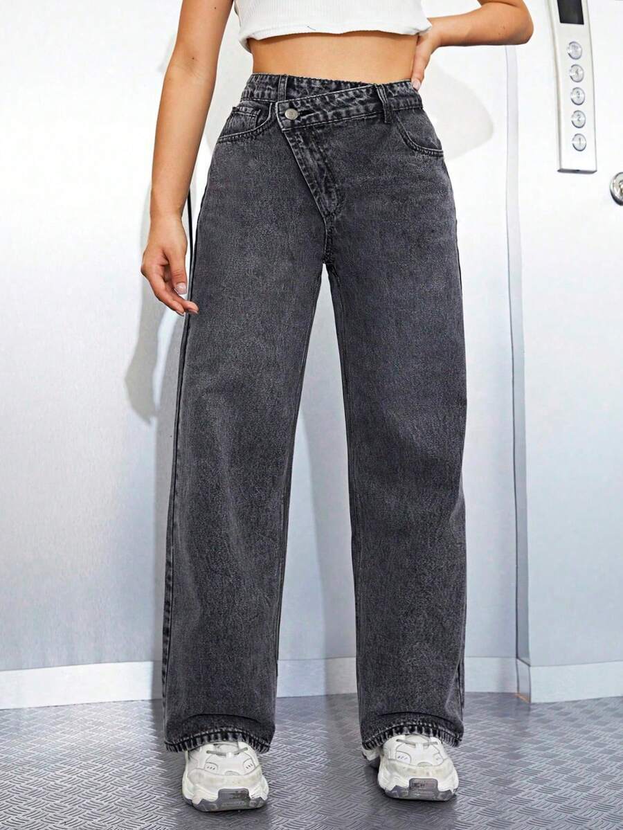 SHEIN ICON 大码女式时尚休闲不对称腰部水洗长裤 - 深灰色 - 查看 1