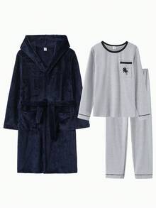 3pcs Set Navy Blue Bathrobe & Solid Gray Plush Pajamas, Small Logo Design For Tween BoySleepwear Homewear Set - Multicolor - View 7