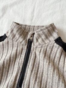 2pcs/Set Baby Girls Casual Apricot & Black Color Block Half Zip Sweatshirt Top Paired With Elastic Waist Pants Set, Comfortable Soft Fabric, Suitable For Infant/Baby GirlEveryday Wear Or Outdoor Activities, Autumn/Winter - Khaki - View 4