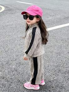 2pcs/Set Baby Girls Casual Apricot & Black Color Block Half Zip Sweatshirt Top Paired With Elastic Waist Pants Set, Comfortable Soft Fabric, Suitable For Infant/Baby GirlEveryday Wear Or Outdoor Activities, Autumn/Winter - Khaki - View 8