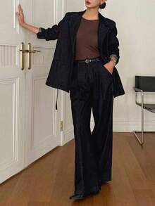 DAZY Women's Cinched Waist Waist Blazer Jacket And Straight Leg Casual Jeans Pants 2 Pieces Set - Dark Wash - View 2