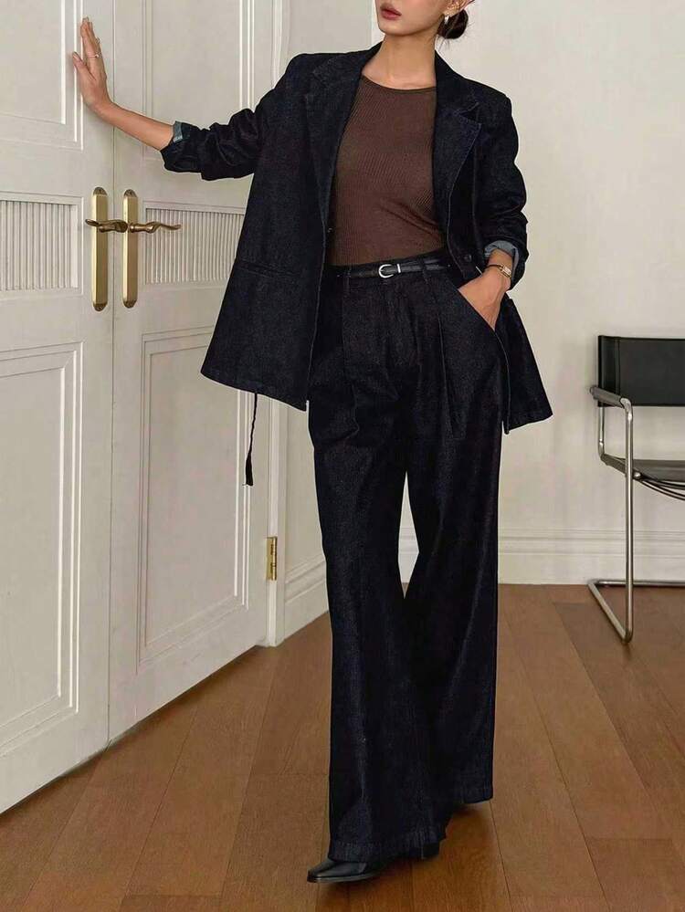 Women's Cinched Waist Waist Blazer Jacket And Straight Leg Casual Jeans Pants 2 Pieces Set