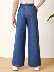 SHEIN Teen Girl Casual Loose Fit Wide Leg Jeans With Washed Denim Design
