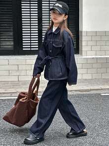 DAZY 2pcs Tween Girls Denim Jacket + Wide Leg Jeans Set, Fall Outfit