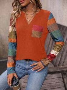 EMERY ROSE Colorblock Patched Pocket Notched Neck Tee Graphic Tees Women Tops - Multicolor - View 3