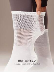 GLOWMODE 1-Pair Plus Size  Flex Cotton-Blend Soft Comfy Sweat-Wicking Breathable Mesh Seamless Toe Crew Socks Daily Casual Wear Spring Summer - White - View 3