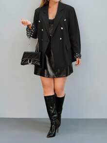 SHEIN Privé Plus Size Women Lapel NeckMetal Double-Breasted Polka Dot Patchwork Flare Sleeve Blazer Jacket - Black - View 5