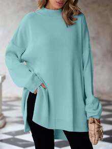 SHEIN Cottnline Suéter Con Abertura Lateral Y Detalle De Botones De Talla Grande - Azul Cadete - Ver 4