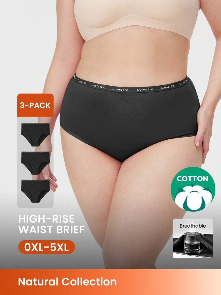 Paquete de 3 bragas básicas de algodón suave y transpirable de cintura alta para mujer - Negro