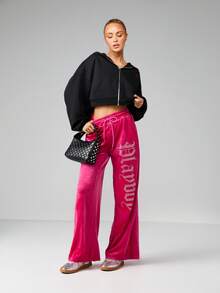 Missguided x Playboy 水钻Logo丝绒运动裤阔腿抽绳休闲裤家居裤 - 粉色 - 查看 5