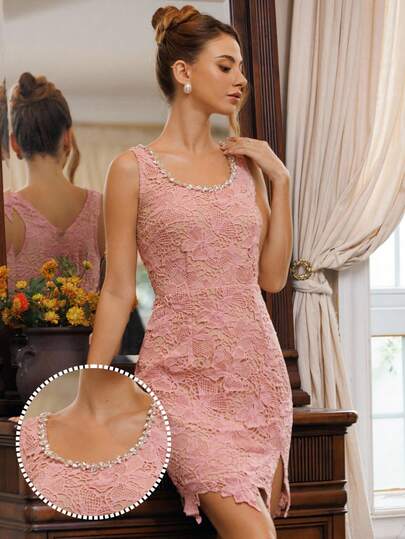 Glamine Charm 优雅派对粉色水溶性刺绣水钻装饰女士无袖连衣裙，夏季/秋季