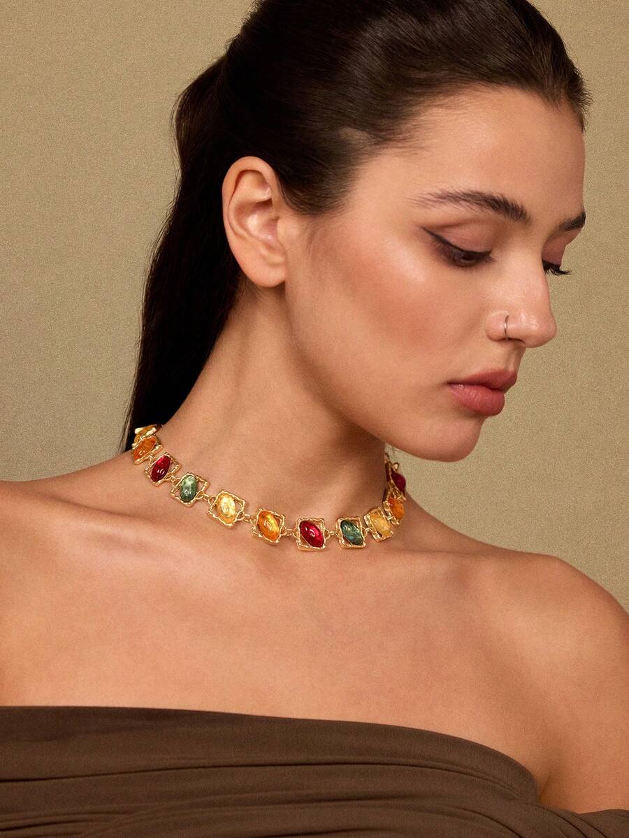 Glisma Dây chuyền dự tiệc sang trọng cổ điển 18K, 1 chiếc, đính đá nhựa màu sắc, kiểu dáng thời trang cao cấp, phù hợp với nhiều trang phục, phong cách Gothic/Gothic, cổ điển, đính hạt, trang sức phương Tây, chất liệu kim loại/có họa tiết, đá quý, mùa thu/đông, dành cho mẹ/phụ nữ/cô gái/người mẹ, cao cấp, cổ điển, hình chữ thập. - Nhiều màu - Xem 1