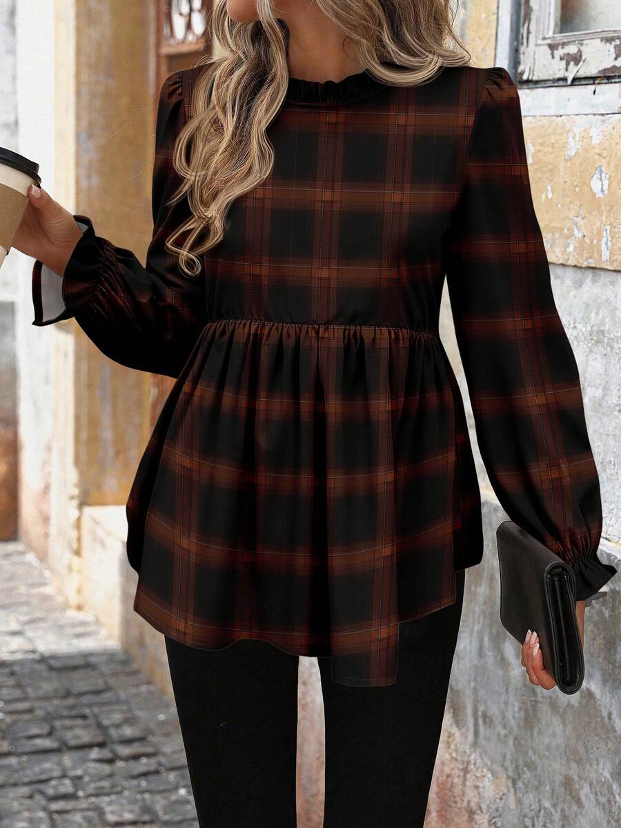 SHEIN LUNE Women's Casual Autumn/Winter Christmas Plaid Colorblock Print Basic Shirt, Suitable For Work Commute And Chic Outings New Year Party Plaid Top,Casual - Multicolor - View 1