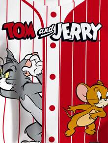 TOM & JERRY X SHEIN 男童夏季休闲运动卡通字母印花双色条纹T恤