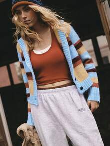 SHEIN Unity Cardigan régulier pour femme, sweat-shirt à capuche boutonnée bicolore, pull élégant et décontracté - Multicolore - Voir 5
