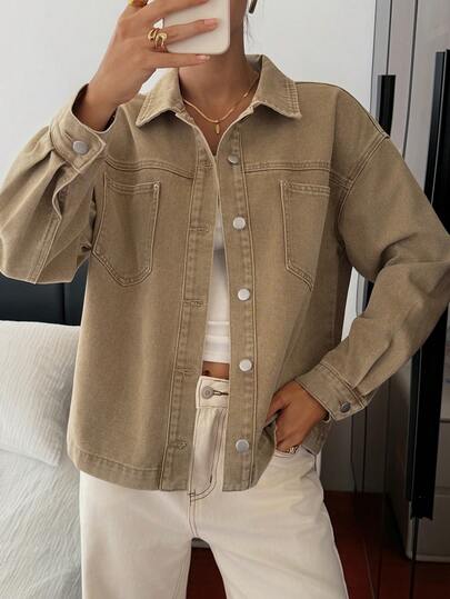 DAZY Washed Vintage Denim Shacket, Loose Casual Versatile Outerwear For Women