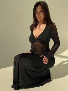 Aloruh Abito da donna a tinta unita con scollo a V profondo, twist, inserto in rete e design sexy