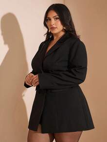 SHEIN BAE 秋冬大码女式纯色双排扣长袖西装外套 - 黑色 - 查看 7
