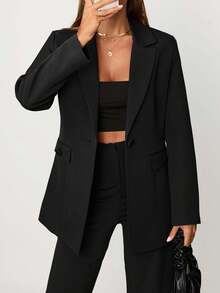 EURMUSE Women's Purple Button Front Pocket Detailed Elegant Blazer Jacket - Black - View 3