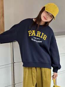 DAZY Tween Girls Crew Neck Knit Fleece Sweatshirt With Embroidered Letter - Navy Blue - View 4