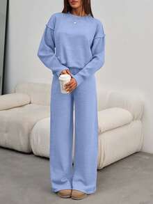 EURMUSE Women Round Neck Rib Knitted Sweater And Sweater Pant 2pcs Sets Co-Ord - Baby Blue - View 3