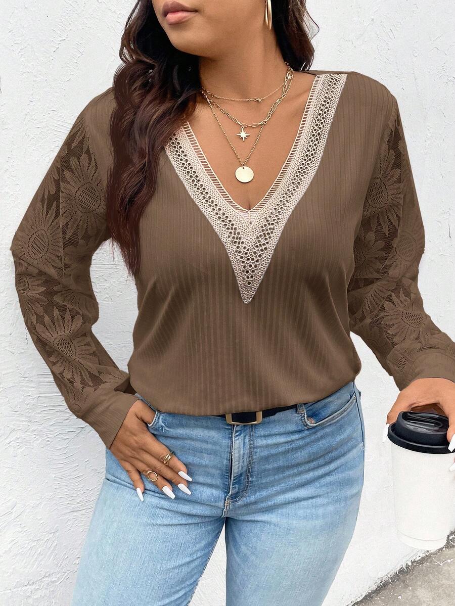 SHEIN Frenchy Camiseta de manga larga de talla grande con estampado de jacquard y parches, otoño