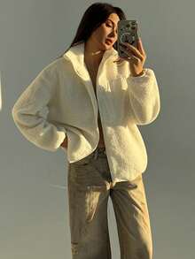 Aloruh Women's Zipper Regular Sherpa Patchwork Pocket Casual Windbreaker Jacket, Autumn/Winter - White - View 3