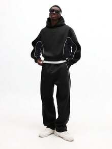 SUMWON Men Hoodie Co-Ord Set Oversized Pullover With Loose Fit Sweatpants White Piping Detail Winter Loungewear Matching Tracksuit - Black - View 5
