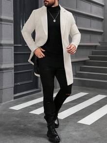 Manfinity Mode 男士纯色翻领单排扣休闲大衣，秋冬男士长款大衣，米色/奶油色/米色/欧式休闲风 - 杏色 - 查看 4