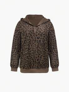 INAWLY Women's Leopard Print Long Sleeve Zip-Up Drawstring Hooded Casual Loose Sweatshirt - Multicolor - View 3