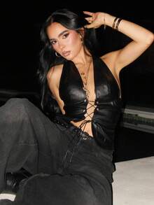 AfricaSnchz 仿皮外出上衣西部露背领口前蕾丝短款上衣伊比沙岛波西米亚风度假性感优雅伊比沙岛夜间外出上衣俱乐部万圣节派对 - 黑色 - 查看 4