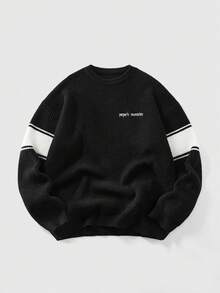 ROMWE MEN Street Life Herren Pullover mit Buchstaben-Stickerei, Kontrast-Farben, Rundhalsausschnitt, Langarm, Lässig Minimalist, Herbst/Winter - Schwarz - Übersicht 1