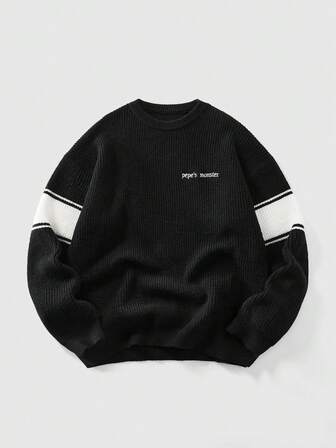 Street Life Men's Letter Embroidery Contrast Color Round Neck Long Sleeve Casual Minimalist Sweater, Autumn/Winter