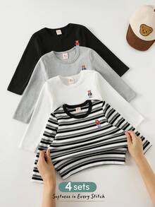 Cozy Pixies 4pcs Baby Boy Cartoon Bear Pattern Knitted Soft Crew Neck Long Sleeve Pullover Outfit Set - Black and White - View 3
