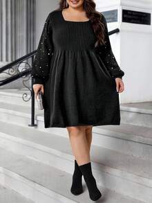 SHEIN CURVE+ Christmas Plus-Size Women's Beaded Square-Neck Dress, Winter Woolen Dress - Black - View 6