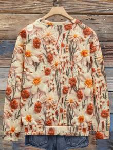 SHEIN LUNE Casual Minimalist Printed Pattern Crew Neck Loose Fit Women Sweatshirt, Vintage Style, 3D Embroidered Print, Suitable For Early Autumn,Fall