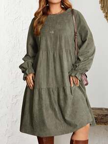 EMERY ROSE Plus Size Green Color Long Sleeve Casual Dress, Autumn/Winter,2025 New, Thanksgiving, Thanksgiving Outfit For Women - Army Green - View 1