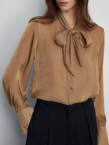 Zanirela Khaki Satin Kragen Krawatte Langarm Hemd, zart & sanft, geeignet für den täglichen Gebrauch, Arbeit und Zusammenkünfte - Khaki - Übersicht 9