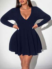 Viva Relle Plus Size Women's Sexy Deep V-Neck Hollow Out Loose A-Line Long Sleeve Solid Color Fashionable Versatile Mini Dress - Navy Blue - View 3