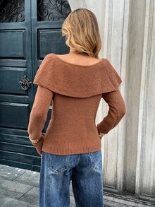 Chiquease Pull tricoté à col volant et manches longues pour femmes, automne/hiver - Kaki - Voir 2