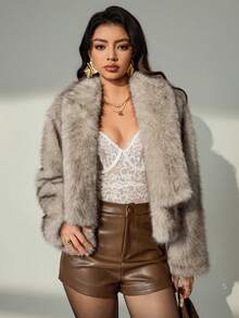 Lyxana Women's Turndown Collar Long Sleeve Faux Fur Short Jacket - Brown - View 6