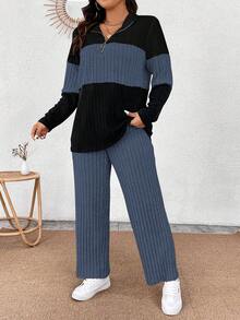 EMERY ROSE Conjunto informal de 2 piezas de camiseta de manga larga con cuello, cremallera y bloqueo de color de punto suave acolchado y pantalones acanalados suaves para tallas grandes - Multicolor - Ver 8